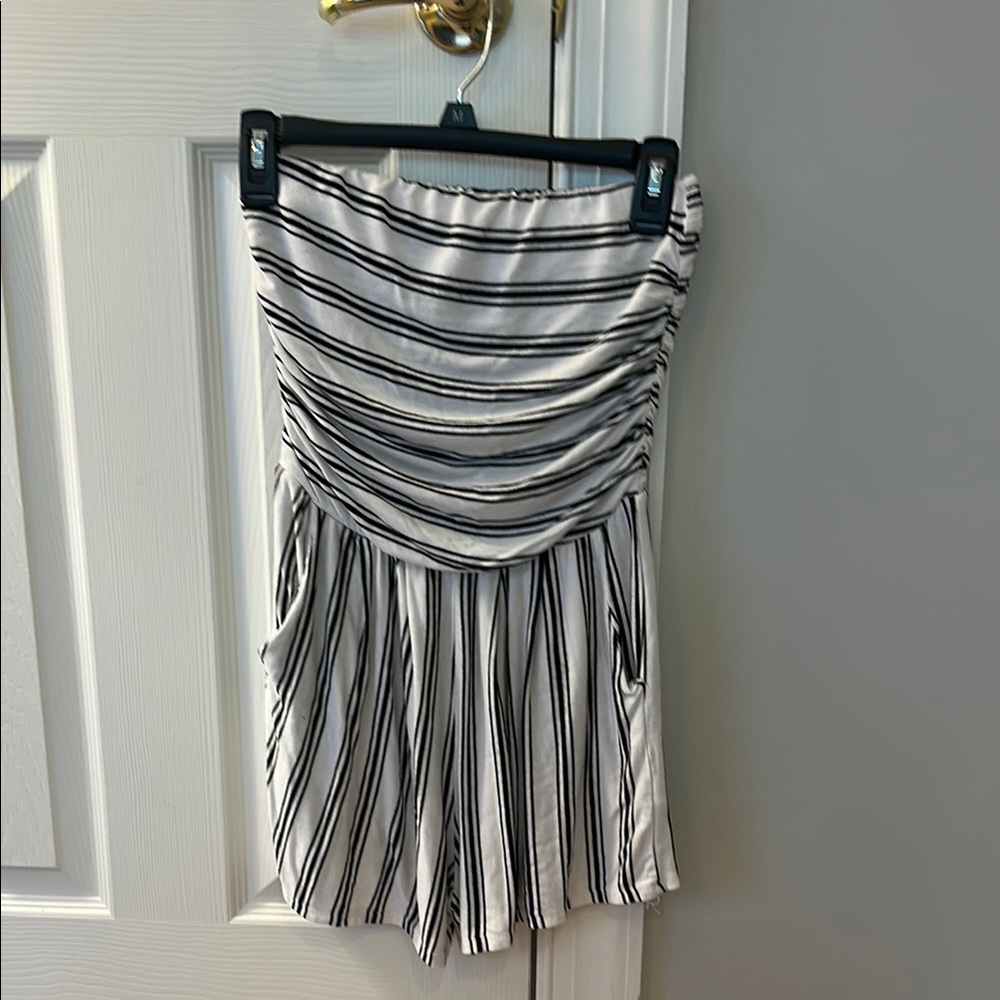 Striped Black and White Strapless Romper with Pockets